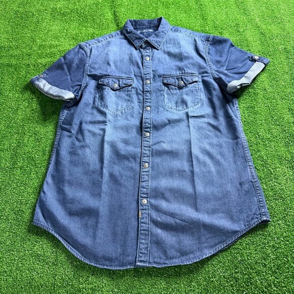 Calvin Klein Jeans Mens Short Sleeve Metal Snap Logo Casual Jeans Shirt Size M - Picture 1 of 15